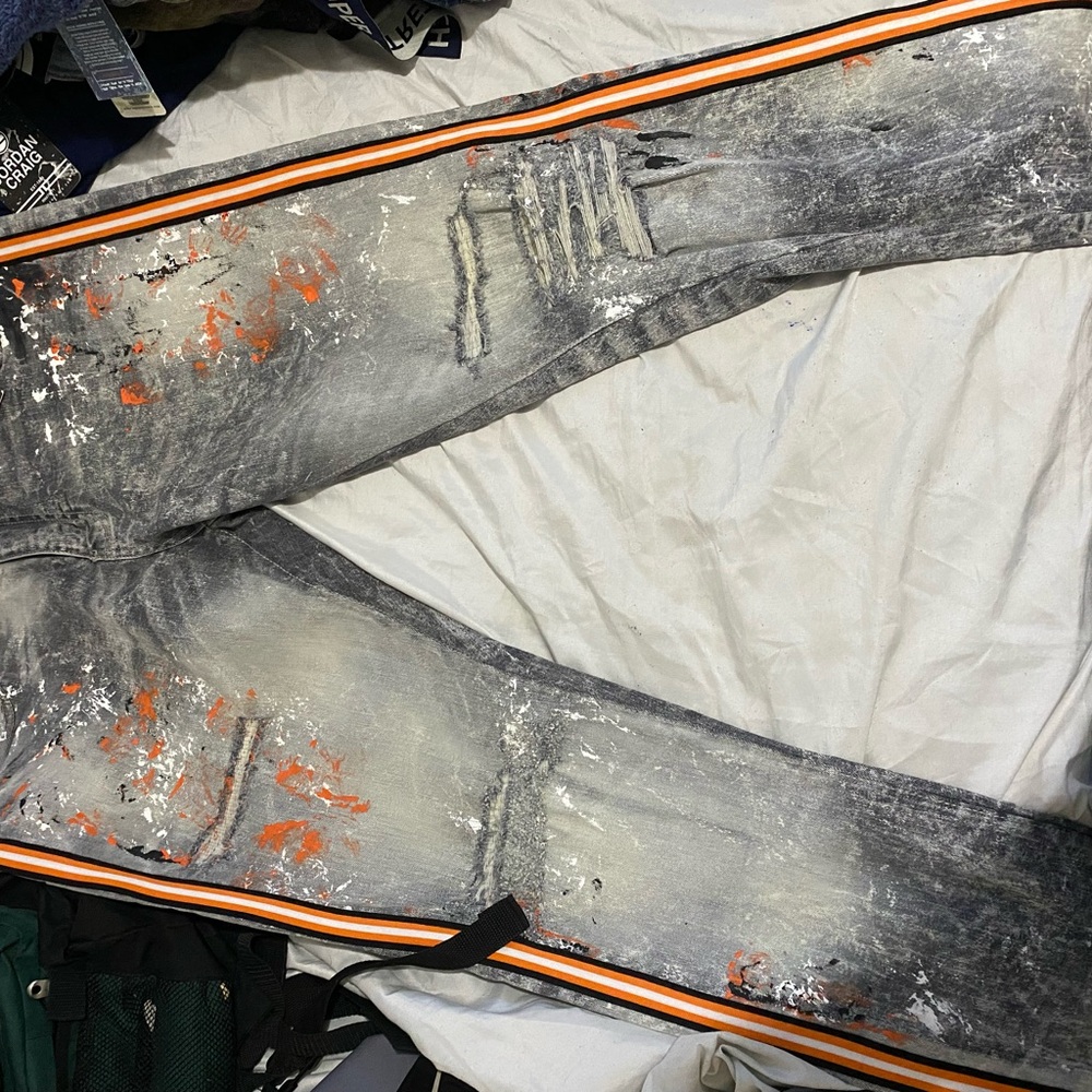 Stylish Distressed Gray and Orange Men's Jeans